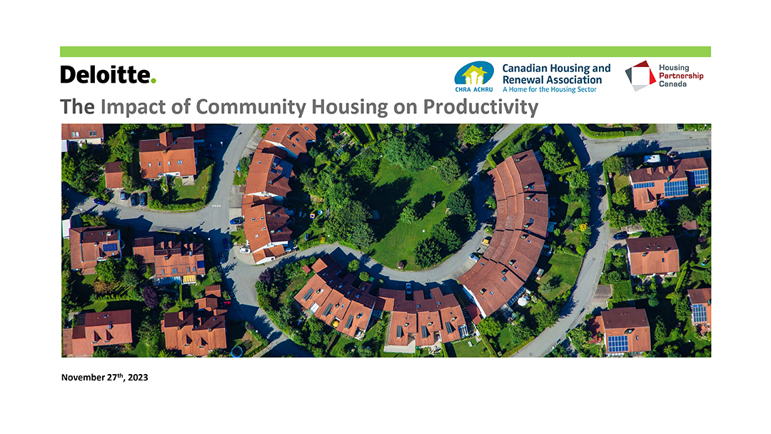 The Canadian Housing and Renewal Association (CHRA), Housing Partnership Canada and sector partners commissioned Deloitte to undertake the study. The results demonstrated a causal link between community housing and economic productivity.